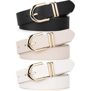Pack 3 Women's Belts for Jeans Pants Gold Buckle Leather Belts Beige White
